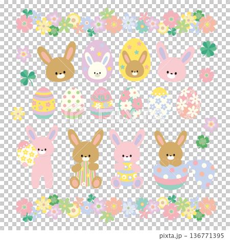 イースターエッグとうさぎとお花とクローバーのイラストセット イースターエッグとうさぎとお花とクローバーのイラストセット 136771395