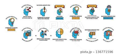 A collection of blue and yellow head icons with the words "Success" 136771596