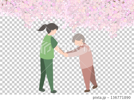 A color illustration of a faceless caregiver training an elderly person to walk under a cherry blossom tree in full bloom 136771890