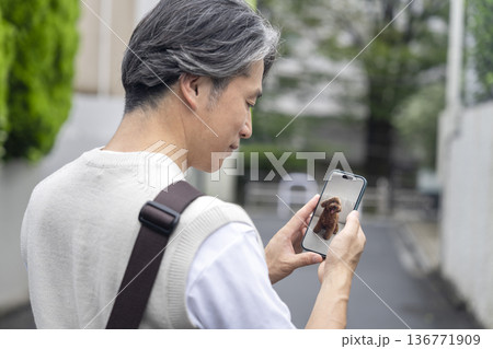スマホでペットカメラに映る留守番中の愛犬の様子を確認する中年男性の様子 イメージ スマホでペットカメラに映る留守番中の愛犬の様子を確認する中年男性の様子 イメージ 136771909