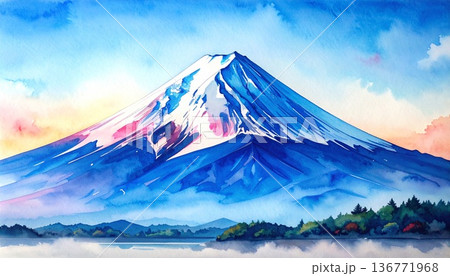 富士山の風景画（水彩画イラスト） 136771968