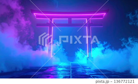 未来的な神社のイメージ ネオンで光る鳥居 AI生成素材 136772121