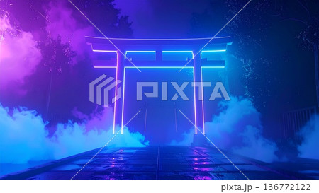 未来的な神社のイメージ ネオンで光る鳥居 AI生成素材 136772122