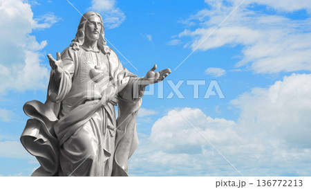 Sacred Heart Jesus Statue Against Blue Sky 3d render. Sacred Heart Jesus Statue Against Blue Sky 3d render. 136772213