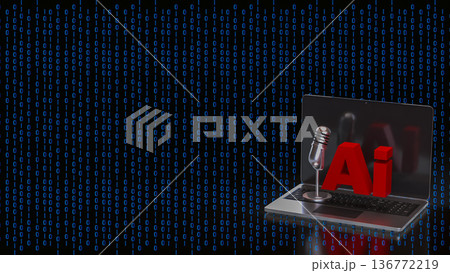 Artificial Intelligence Voice Technology on Laptop with Binary Code 3d render. Artificial Intelligence Voice Technology on Laptop with Binary Code 3d render. 136772219