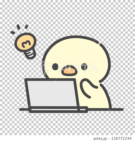 ノートパソコンでアイデアをひらめくひよこの手書きイラスト 136772244