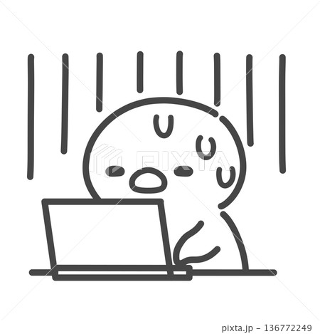 ノートパソコンの前でズーンと落ち込むひよこの手書き線画イラスト 136772249