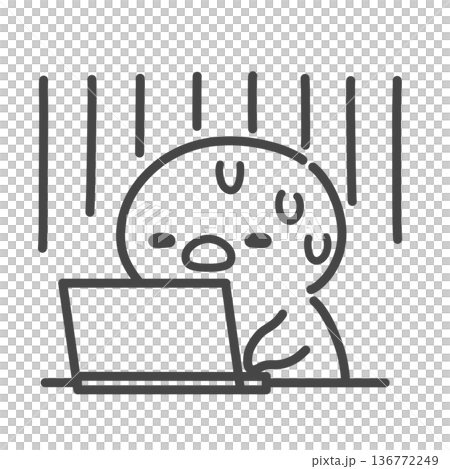 ノートパソコンの前でズーンと落ち込むひよこの手書き線画イラスト 136772249
