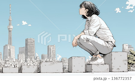 コンクリートブロックを積み上げているビジネスウーマン：計画の段階的積み重ねの比喩