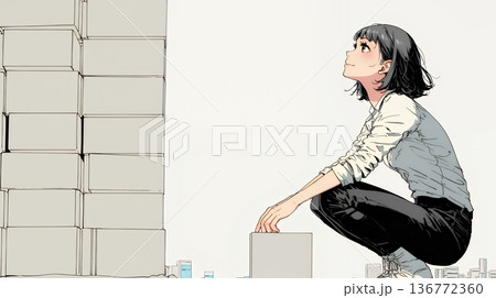 コンクリートブロックを積み上げているビジネスウーマン：計画の段階的積み重ねの比喩