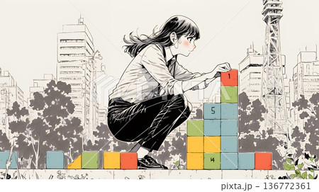 コンクリートブロックを積み上げているビジネスウーマン：計画の段階的積み重ねの比喩