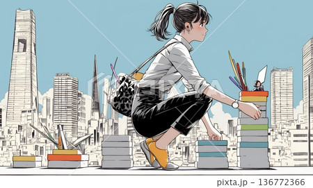 コンクリートブロックを積み上げているビジネスウーマン：計画の段階的積み重ねの比喩