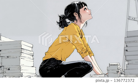 コンクリートブロックを積み上げているビジネスウーマン：計画の段階的積み重ねの比喩