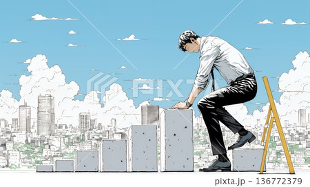 コンクリートブロックを積み上げているビジネスマン：計画の段階的積み重ねの比喩