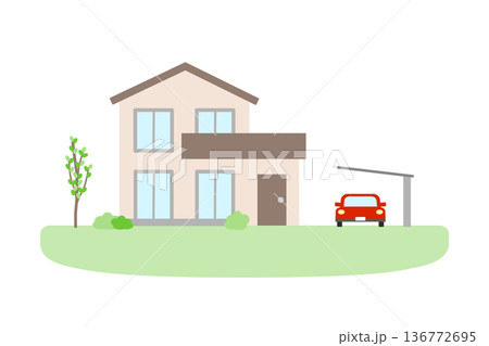 赤い車が停まっている家のイラスト 136772695