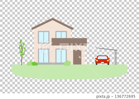 赤い車が停まっている家のイラスト 136772695