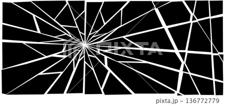 Black broken texture. Damaged shattered glass effect background. Radial cracked lines explosion pattern. Fractured triangle fragments, pieces and shatters concept. Vector grunge debris illustration  136772779