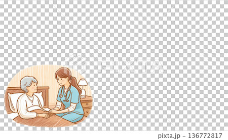 溫柔關懷的插圖，描繪了一位老人坐在床上，一位護理人員正在照顧他。 136772817