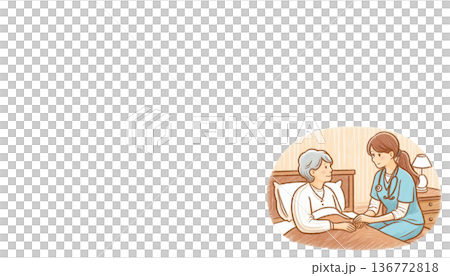 溫柔關懷的插圖，描繪了一位老人坐在床上，一位護理人員正在照顧他。 136772818