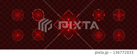 Crosshair Hud red. Futuristic sniper scope. Radar location and viewfinder for game interface. UI Vector illustration Crosshair Hud red. Futuristic sniper scope. Radar location and viewfinder for game interface. UI Vector illustration 136772833