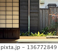 障子越しの光と和風庭園のある静かな日本家屋の縁側風景 136772849