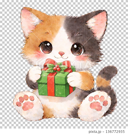 【聖誕節】一隻三色貓抱著禮物的插圖 136772935