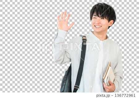 手を振る笑顔のアジア人大学生,学生（挨拶,キャンパスライフ） 136772961