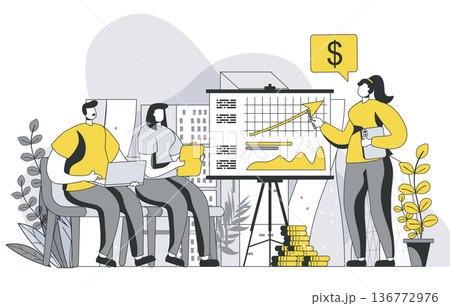 Business training concept with outline people scene. Colleagues listen to coach at business meeting, improve professional skills and career. Vector illustration in flat line design for web template 136772976