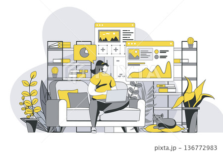 Freelance work concept with outline people scene. Woman designer working on laptop online. Freelancer manager analyzing data sitting at home. Vector illustration in flat line design for web template Freelance work concept with outline people scene. Woman designer working on laptop online. Freelancer manager analyzing data sitting at home. Vector illustration in flat line design for web template 136772983