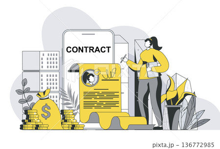 Electronic contract concept with outline people scene. Woman signing electronic agreements with digital signature, making business deal online. Vector illustration in flat line design for web template Electronic contract concept with outline people scene. Woman signing electronic agreements with digital signature, making business deal online. Vector illustration in flat line design for web template 136772985
