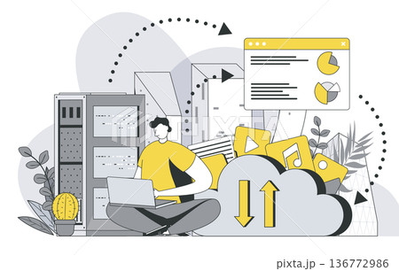 Hosting provider concept with outline people scene. Man works in technical support of Internet provider, maintains work, monitors and tests. Vector illustration in flat line design for web template 136772986
