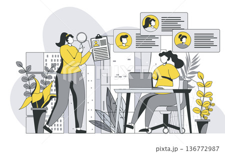 HR process concept with outline people scene. Women choose resume of best candidate for interview for open vacancy in office. Human resources. Vector illustration in flat line design for web template HR process concept with outline people scene. Women choose resume of best candidate for interview for open vacancy in office. Human resources. Vector illustration in flat line design for web template 136772987
