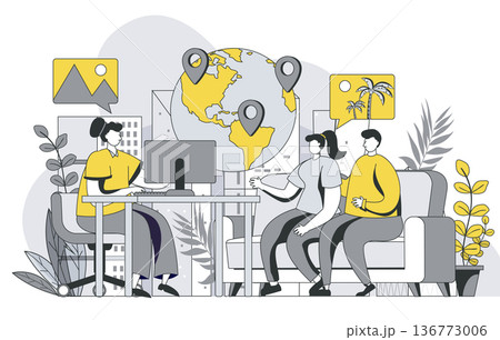 Travel agency concept with outline people scene. Man and woman consulting with tour operator, choosing journey direction for vacation trip. Vector illustration in flat line design for web template Travel agency concept with outline people scene. Man and woman consulting with tour operator, choosing journey direction for vacation trip. Vector illustration in flat line design for web template 136773006