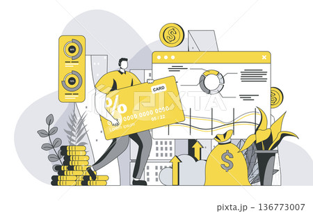 Virtual finance concept with outline people scene. Man manages personal finances in personal account, makes transactions, analyzes bank data. Vector illustration in flat line design for web template Virtual finance concept with outline people scene. Man manages personal finances in personal account, makes transactions, analyzes bank data. Vector illustration in flat line design for web template 136773007