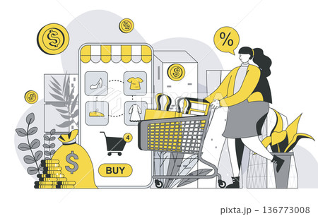Commerce in mobile app concept with outline people scene. Woman makes purchases, looking discounts and great deals on stores, online payment. Vector illustration in flat line design for web template Commerce in mobile app concept with outline people scene. Woman makes purchases, looking discounts and great deals on stores, online payment. Vector illustration in flat line design for web template 136773008