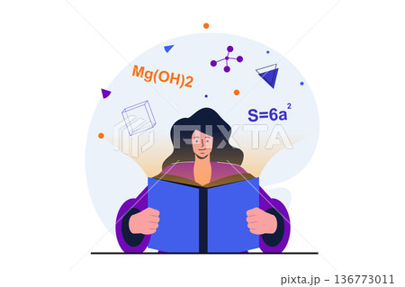 Back to school modern flat concept for web banner design. Schoolgirl reading chemistry textbook and learns new formulas. Student preparing for exams. Vector illustration with isolated people scene Back to school modern flat concept for web banner design. Schoolgirl reading chemistry textbook and learns new formulas. Student preparing for exams. Vector illustration with isolated people scene 136773011