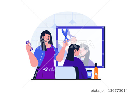 Beauty salon modern flat concept for web banner design. Woman hairdresser holding scissors and comb and helping client to choose new haircut and styling. Vector illustration with isolated people scene 136773014