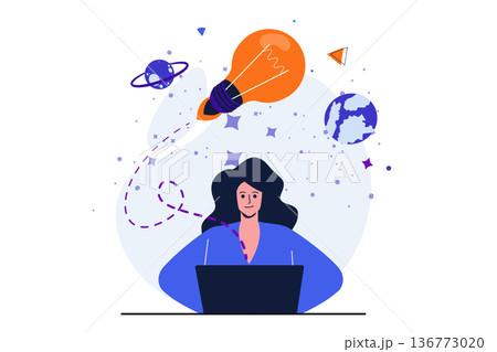 Business startup modern flat concept for web banner design. Woman entrepreneur develops new idea on laptop, analyzes and creates company strategy. Vector illustration with isolated people scene Business startup modern flat concept for web banner design. Woman entrepreneur develops new idea on laptop, analyzes and creates company strategy. Vector illustration with isolated people scene 136773020