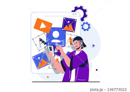 Content manager modern flat concept for web banner design. Woman works with different types of content, publishes photos, videos and text, fills site. Vector illustration with isolated people scene 136773022