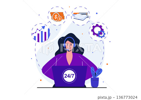 Customer service modern flat concept for web banner design. Woman analyzes data and advises clients around clock on hotline. Financial consultant. Vector illustration with isolated people scene Customer service modern flat concept for web banner design. Woman analyzes data and advises clients around clock on hotline. Financial consultant. Vector illustration with isolated people scene 136773024