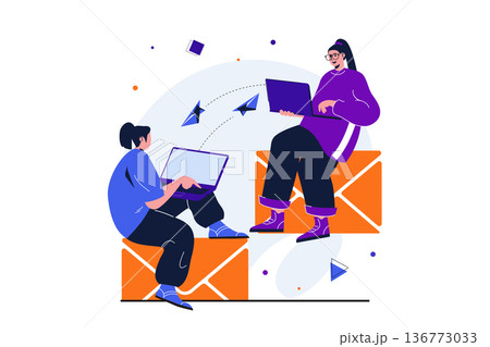 Email service modern flat concept for web banner design. Women chatting and communicates online by sending digital letters to each other using laptops. Vector illustration with isolated people scene 136773033