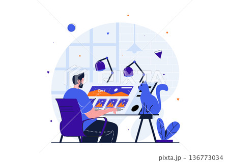 Freelance working modern flat concept for web banner design. Male illustrator drawing images while sitting at tilting table with cat in home studio. Vector illustration with isolated people scene 136773034