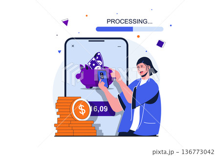 Mobile banking modern flat concept for web banner design. Woman looks at information her personal bank account, saves money and uses financial tools. Vector illustration with isolated people scene 136773042