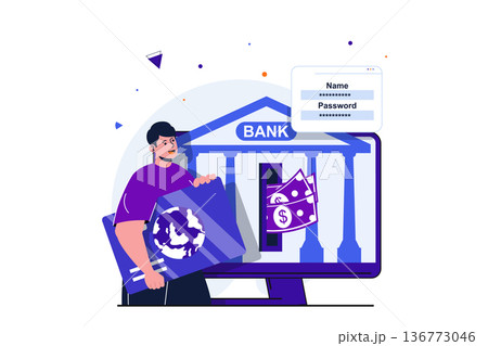 Mobile banking modern flat concept for web banner design. Man client using credit card, conducting financial transactions and secure transfers online. Vector illustration with isolated people scene Mobile banking modern flat concept for web banner design. Man client using credit card, conducting financial transactions and secure transfers online. Vector illustration with isolated people scene 136773046