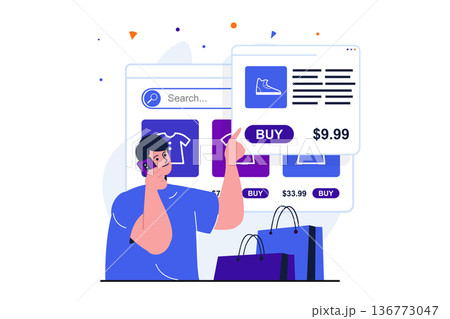 Mobile commerce modern flat concept for web banner design. Man chooses goods in online store and calls customer support for consultation and ordering. Vector illustration with isolated people scene 136773047