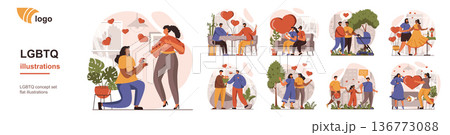 LGBTQ couples and families concept isolated person situations. Collection of scenes with people on romantic date, propose, adopt and raise kids together. Mega set. Vector illustration in flat design 136773088