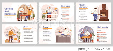 Cooking and restaurant concept for presentation slide template. People work in kitchen, chefs cook pizza or meals, waiters serve to customers. Vector illustration with flat persons for layout design 136773096