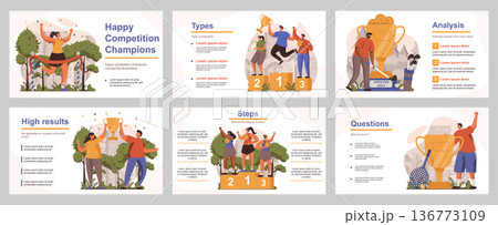 Happy competition champions concept for presentation slide template. People athletes winning first places, receive trophies and celebrate. Vector illustration with flat persons for layout design Happy competition champions concept for presentation slide template. People athletes winning first places, receive trophies and celebrate. Vector illustration with flat persons for layout design 136773109