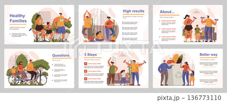 Healthy families concept for presentation slide template. People compete and active lifestyle, parents with children go in for sports and diet. Vector illustration with flat persons for layout design Healthy families concept for presentation slide template. People compete and active lifestyle, parents with children go in for sports and diet. Vector illustration with flat persons for layout design 136773110