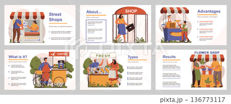 Street shops concept for presentation slide template. People buy newspapers, hot dogs, flowers, desserts or coffee in stores, stalls and cafes. Vector illustration with flat persons for layout design 136773117